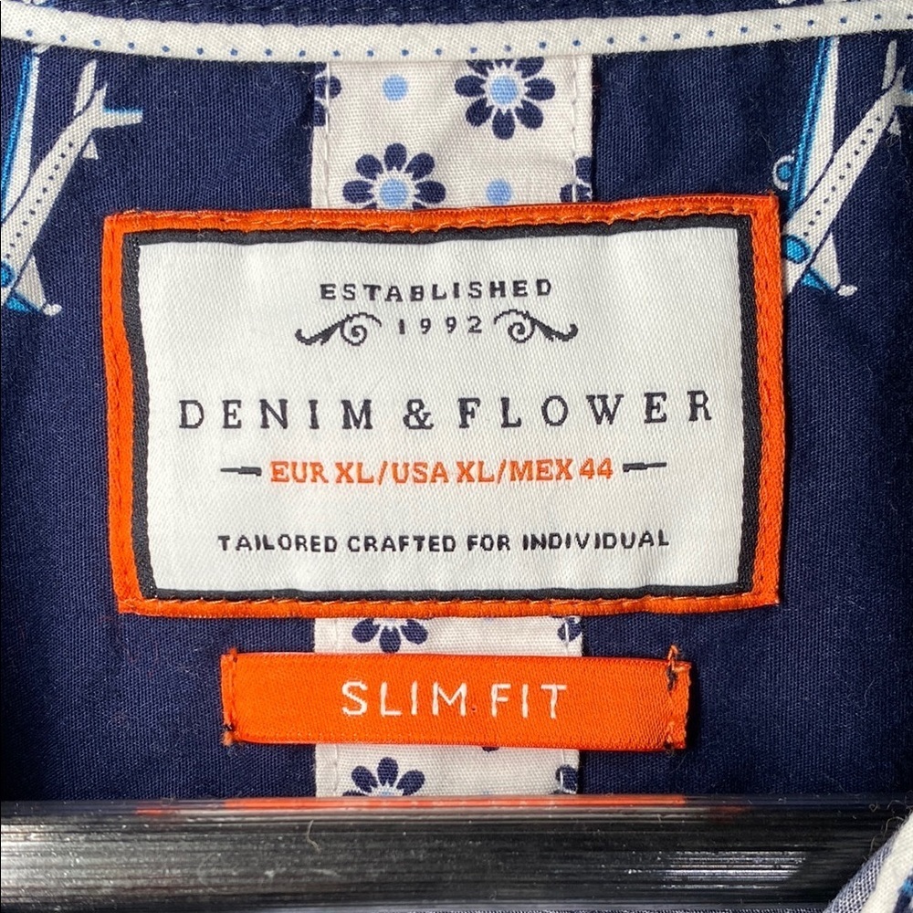 Boys Denim & Flower Button Up Navy Blue Shark Print Shirt Size XL - Picture 2 of 6